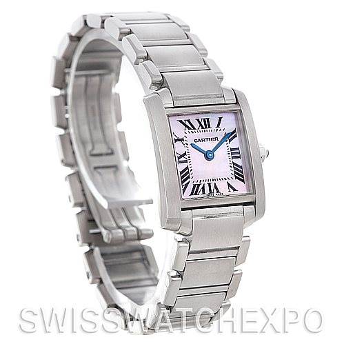 The image shows a Cartier Tank Francaise W51028Q3 Women's Stainless Steel Mother of Pearl Dial W51028Q3 Women's Stainless Steel Mother of Pearl Dial watch at a three-quarter angle, highlighting the bracelet and rectangular dial.