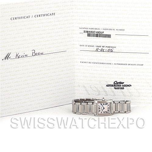 The image shows a Cartier Tank Francaise W51028Q3 Women's Stainless Steel Mother of Pearl Dial W51028Q3 Women's Stainless Steel Mother of Pearl Dial watch and its certificate, with both the watch and the certificate largely visible.