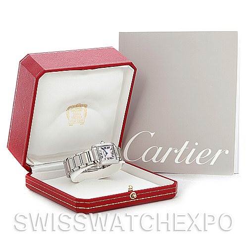 The Cartier Tank Francaise W51028Q3 Women's Stainless Steel Mother of Pearl Dial W51028Q3 Women's Stainless Steel Mother of Pearl Dial watch is shown at a three-quarter angle, resting in an open red display box, with branded packaging visible.