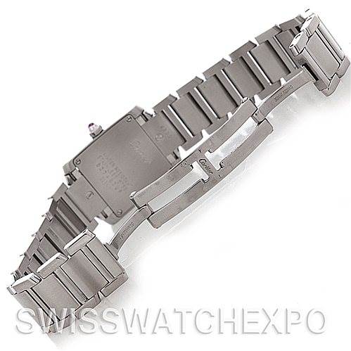 This image shows the back view of the bracelet and clasp of a Cartier Tank Française watch, focusing on the steel links and clasp mechanism.