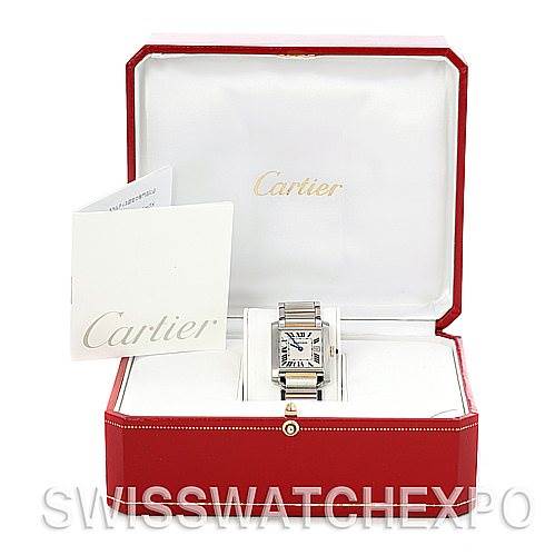 The image shows a Cartier Tank Francaise W51012Q4 Women's Steel and Gold (two tone) Silver Dial W51012Q4 Women's Steel and Gold (two tone) Silver Dial watch from a front angle, displayed in an open red Cartier-branded box with accompanying documents.