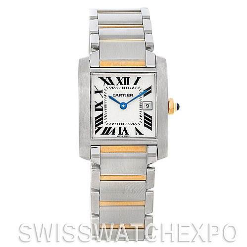 The image shows a front view of the Cartier Tank Francaise W51012Q4 Women's Steel and Gold (two tone) Silver Dial W51012Q4 Women's Steel and Gold (two tone) Silver Dial watch, highlighting its rectangular face, Roman numeral markers, and two-tone metal bracelet.