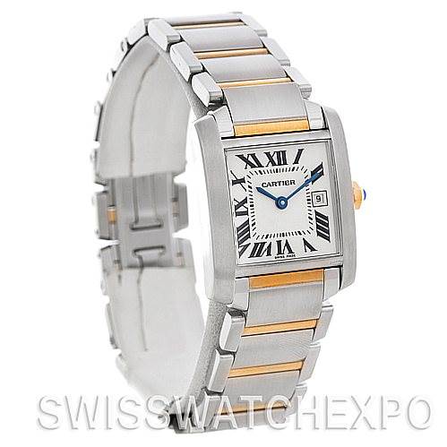 The image shows a Cartier Tank Francaise W51012Q4 Women's Steel and Gold (two tone) Silver Dial W51012Q4 Women's Steel and Gold (two tone) Silver Dial watch at a three-quarter angle, displaying its face, bracelet, and clasp.