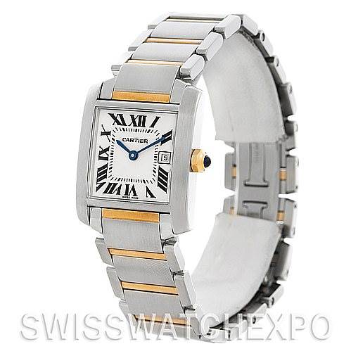 The image shows a Cartier Tank Francaise W51012Q4 Women's Steel and Gold (two tone) Silver Dial W51012Q4 Women's Steel and Gold (two tone) Silver Dial watch at a side angle, featuring the face, crown, and metal bracelet with gold accents.