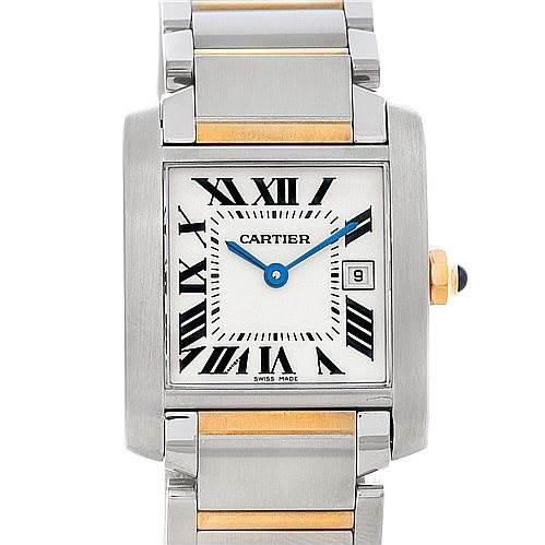 The image shows a frontal view of the Cartier Tank Francaise W51012Q4 Women's Steel and Gold (two tone) Silver Dial W51012Q4 Women's Steel and Gold (two tone) Silver Dial watch, highlighting its dial, bezel, and bracelet.