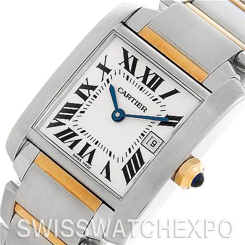 This image shows a close-up of the face and a portion of the bracelet of a Cartier Tank Francaise W51012Q4 Women's Steel and Gold (two tone) Silver Dial W51012Q4 Women's Steel and Gold (two tone) Silver Dial watch at an angled view.