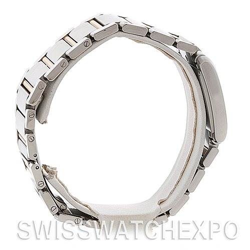 This image shows a side view of the bracelet and case of a Tank Française model watch by Cartier.