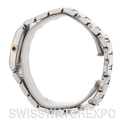 This image shows the Cartier Tank Francaise W51012Q4 Women's Steel and Gold (two tone) Silver Dial W51012Q4 Women's Steel and Gold (two tone) Silver Dial watch from a side profile angle, highlighting the bracelet and the watch case's thickness.