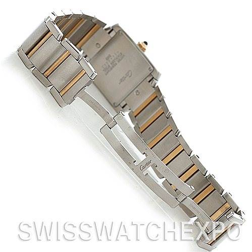 The image shows the back and bracelet of a Cartier Tank Francaise W51012Q4 Women's Steel and Gold (two tone) Silver Dial W51012Q4 Women's Steel and Gold (two tone) Silver Dial watch, highlighting the clasp and links.