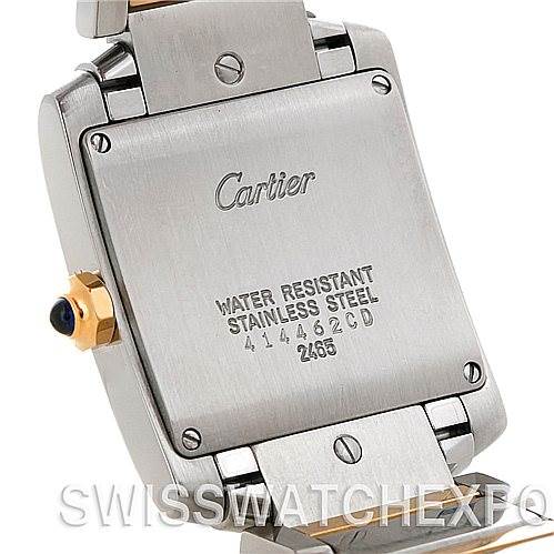 This image shows the back case of a Cartier Tank Francaise W51012Q4 Women's Steel and Gold (two tone) Silver Dial W51012Q4 Women's Steel and Gold (two tone) Silver Dial watch, highlighting the stainless steel material and water-resistant marking.