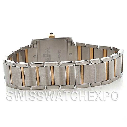 This image shows the back view of the Tank Francaise watch band by Cartier, highlighting the two-tone metal bracelet.