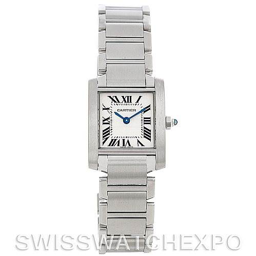 The image shows a front view of a Cartier Tank Française watch, displaying its rectangular dial and metal bracelet.