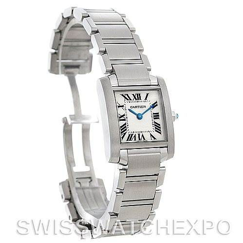 This image shows a Cartier Tank Francaise W51008Q3 Women's Stainless Steel White Dial W51008Q3 Women's Stainless Steel White Dial watch at a three-quarter angle emphasizing the face and bracelet.