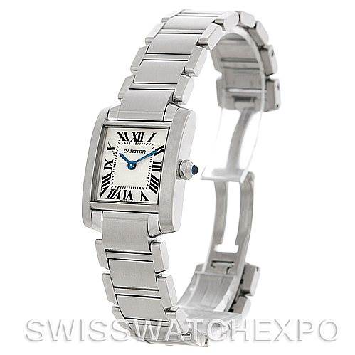 This Cartier Tank Francaise W51008Q3 Women's Stainless Steel White Dial W51008Q3 Women's Stainless Steel White Dial watch is shown from a side angle, displaying the face, bezel, bracelet, and open clasp.