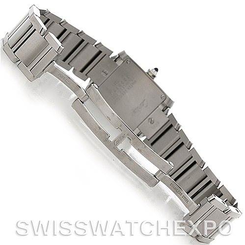 The image shows the reverse side of a Cartier Tank Francaise W51008Q3 Women's Stainless Steel White Dial W51008Q3 Women's Stainless Steel White Dial watch, focused on its metal bracelet and deployment clasp.