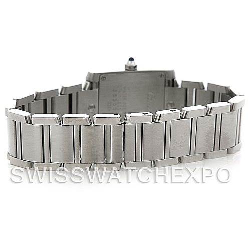 The image shows the back view of the Cartier Tank Francaise W51008Q3 Women's Stainless Steel White Dial W51008Q3 Women's Stainless Steel White Dial watch, focusing on its stainless steel bracelet and clasp.