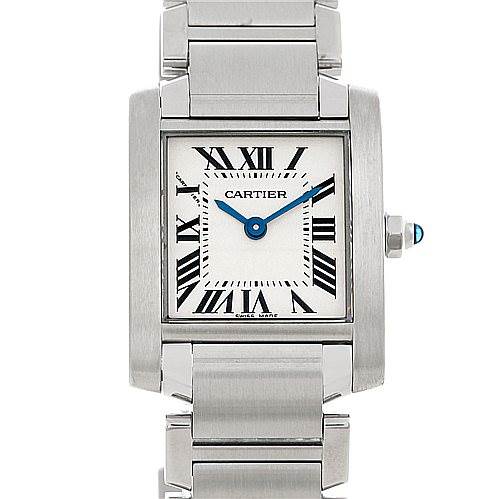 The image shows a front view of a Cartier Tank Francaise W51008Q3 Women's Stainless Steel White Dial W51008Q3 Women's Stainless Steel White Dial watch, highlighting its rectangular face, Roman numerals, and metal bracelet.