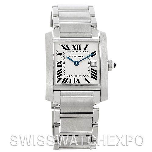 The image shows a Cartier Tank Francaise W51011Q3 Women
s Stainless Steel Silver Dial W51011Q3 Women
s Stainless Steel Silver Dial watch from a front angle, detailing the face, bracelet, and clasp.