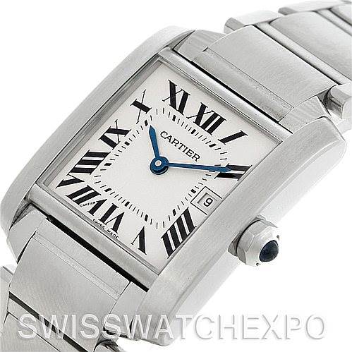 The Cartier Tank Francaise W51011Q3 Women
s Stainless Steel Silver Dial W51011Q3 Women
s Stainless Steel Silver Dial watch is shown from an angled close-up, highlighting the dial, Roman numerals, hands, case, and bracelet.