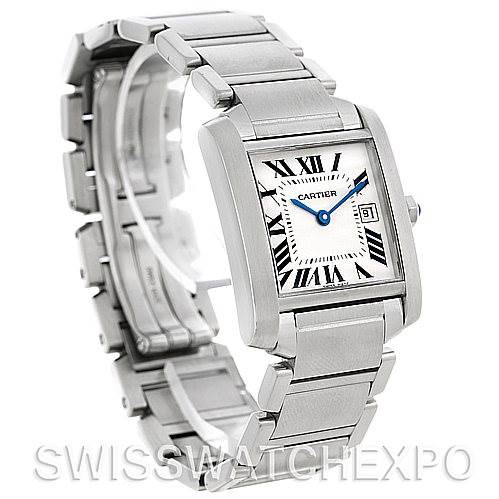 The image shows a Cartier Tank Francaise W51011Q3 Women
s Stainless Steel Silver Dial W51011Q3 Women
s Stainless Steel Silver Dial watch at a side angle, focusing on its face, bracelet, and clasp.