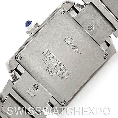 This image shows the back case and part of the bracelet of a Cartier Tank Française watch.