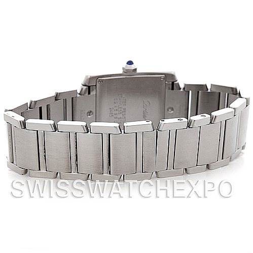 This image shows the backside and bracelet of a Cartier Tank Francaise W51011Q3 Women
s Stainless Steel Silver Dial W51011Q3 Women
s Stainless Steel Silver Dial watch, highlighting the stainless steel links and clasp.