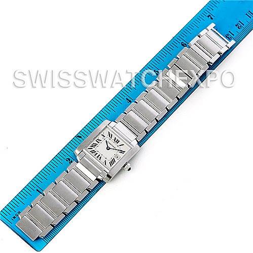 The image shows a Cartier Tank Francaise W51011Q3 Women
s Stainless Steel Silver Dial W51011Q3 Women
s Stainless Steel Silver Dial watch laid flat next to a ruler, displaying the face and bracelet in full length.