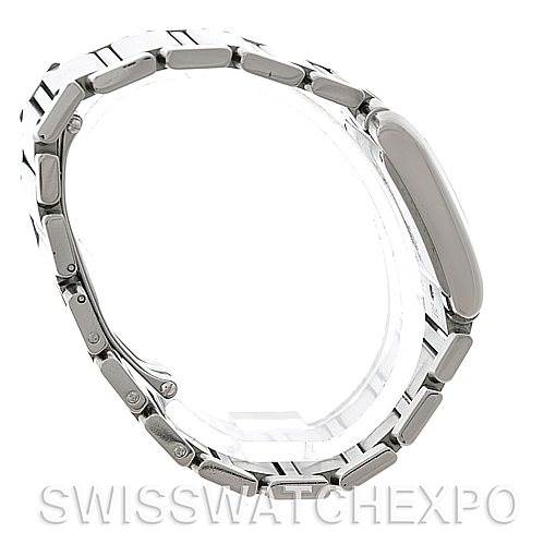 This image shows a side view of the Cartier Tank Francaise W51011Q3 Women
s Stainless Steel Silver Dial W51011Q3 Women
s Stainless Steel Silver Dial watch, highlighting the bracelet and the thin profile of the case.