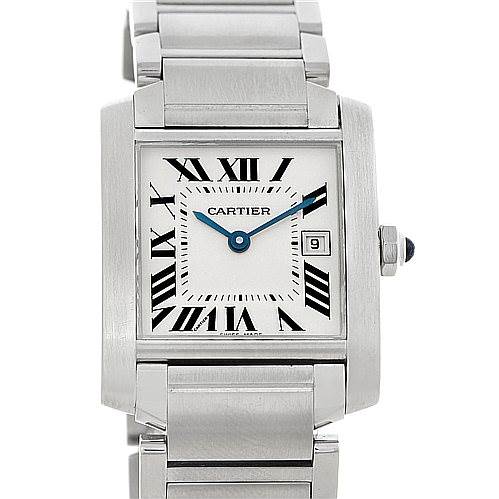 This image shows a front view of the Cartier Tank Francaise W51011Q3 Women
s Stainless Steel Silver Dial W51011Q3 Women
s Stainless Steel Silver Dial watch, displaying the face, bezel, and metal bracelet.