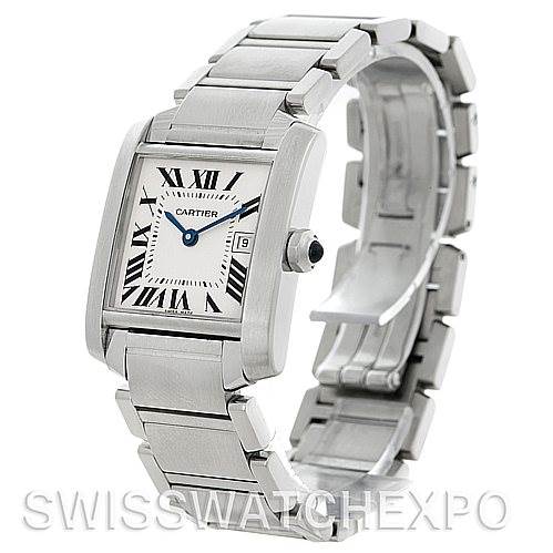 This image shows a Cartier Tank Francaise W51011Q3 Women
s Stainless Steel Silver Dial W51011Q3 Women
s Stainless Steel Silver Dial watch from an angled front view, displaying its dial, bracelet, and crown.