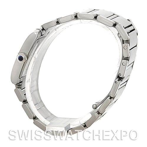 This side view image of a Cartier Tank Francaise W51011Q3 Women
s Stainless Steel Silver Dial W51011Q3 Women
s Stainless Steel Silver Dial watch shows the bracelet and part of the case, including a crown with a blue cabochon.