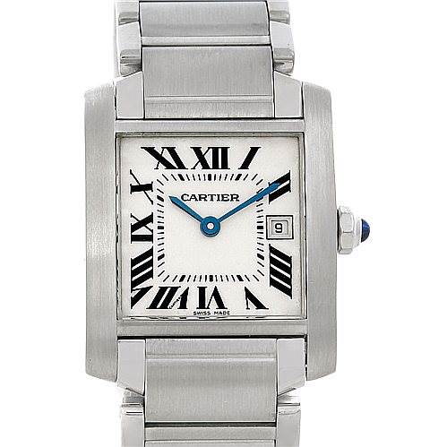 This image shows a front view of a Cartier Tank Française watch, highlighting its rectangular face, Roman numerals, and metal bracelet.