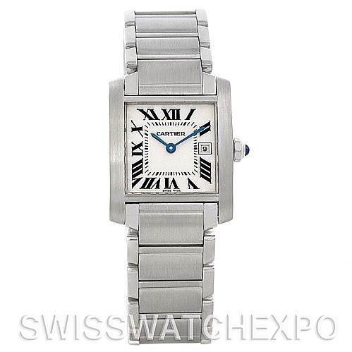 The Cartier Tank Francaise W51011Q3 Women's Stainless Steel Silver Dial W51011Q3 Women's Stainless Steel Silver Dial watch is shown from a front angle, displaying the square dial, Roman numerals, and stainless steel bracelet.