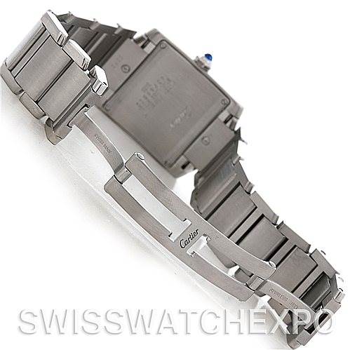 This image shows the back and bracelet, including the clasp, of a Tank Francaise watch by Cartier.