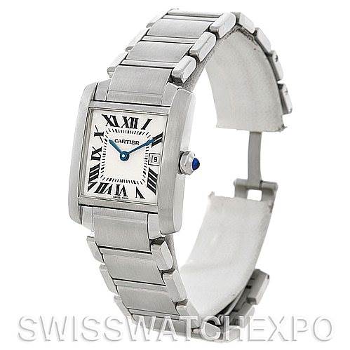 The image shows a Cartier Tank Francaise W51011Q3 Women's Stainless Steel Silver Dial W51011Q3 Women's Stainless Steel Silver Dial watch at a three-quarter angle, highlighting its rectangular case, bracelet, and dial with Roman numerals.