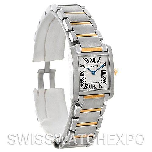 The image shows a Cartier Tank Française watch at a three-quarter angle, displaying its rectangular face and metal bracelet with gold accents.