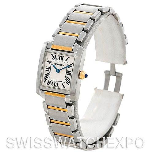 This image shows the Cartier Tank Française watch from an angled side view, highlighting the face, bezel, and bracelet.