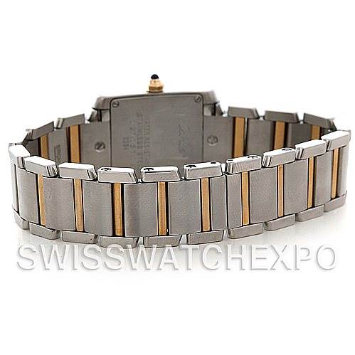 This image shows the back of a Cartier Tank Francaise W51007Q4 Women's Steel and Gold (two tone) Silver Dial W51007Q4 Women's Steel and Gold (two tone) Silver Dial watch, highlighting its metal bracelet and the case back.