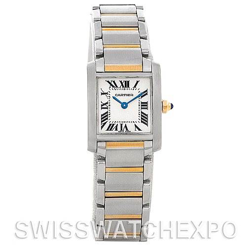 This image shows a Cartier Tank Française watch from a front angle, displaying its face and stainless steel with gold accent bracelet.