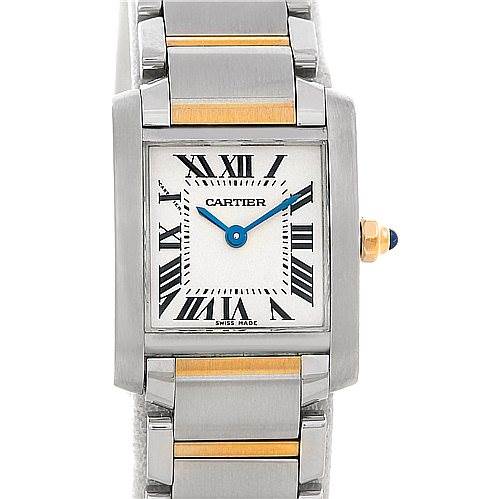 The image shows a front view of a Cartier Tank Française watch, displaying its rectangular face, Roman numerals, and metal bracelet.