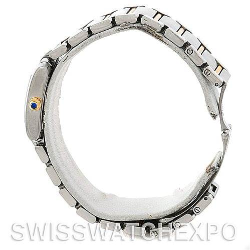 This image shows a side-angle view of the Cartier Tank Française watch, highlighting its bracelet and crown.