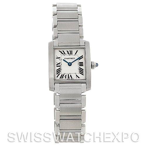 The image shows a Cartier Tank Française watch from a front angle, displaying the face, Roman numeral markers, and metal bracelet.