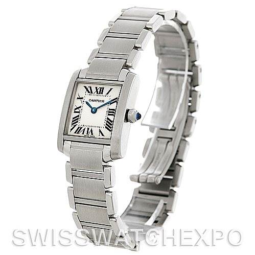 This image shows a Cartier Tank Francaise W51008Q3 Women's Stainless Steel White Dial W51008Q3 Women's Stainless Steel White Dial watch angled to display the face, bezel, crown, and bracelet.