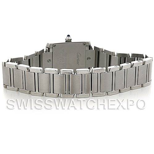 This image shows the back view of the Cartier Tank Française watch, highlighting its stainless steel bracelet and case back.