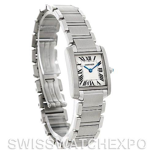 This image shows a Cartier Tank Francaise W51008Q3 Women's Stainless Steel White Dial W51008Q3 Women's Stainless Steel White Dial watch at a three-quarter angle, highlighting its band, face, and case.