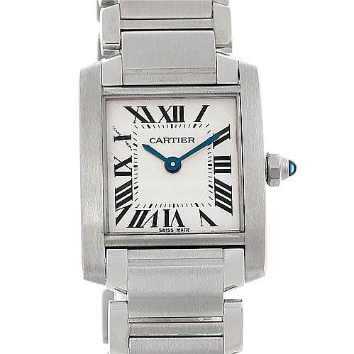 The image shows a frontal view of the Cartier Tank Francaise W51008Q3 Women's Stainless Steel White Dial W51008Q3 Women's Stainless Steel White Dial watch, capturing its dial, bracelet, and crown.