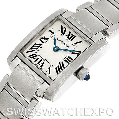 The image shows a close-up angle of the Cartier Tank Française watch, focusing on the face, bezel, and part of the bracelet.