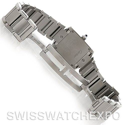 This image shows the back and bracelet of a Cartier Tank Francaise W51008Q3 Women's Stainless Steel White Dial W51008Q3 Women's Stainless Steel White Dial watch at an angle that highlights the clasp and links.