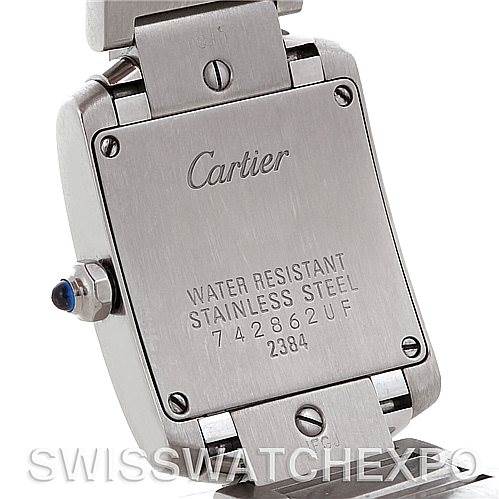 The image shows the back view of the Cartier Tank Francaise W51008Q3 Women's Stainless Steel White Dial W51008Q3 Women's Stainless Steel White Dial watch, highlighting its stainless steel case and water resistance details.