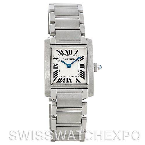 This image shows a front view of the Cartier Tank Française watch, highlighting its rectangular dial with Roman numerals and stainless steel bracelet.